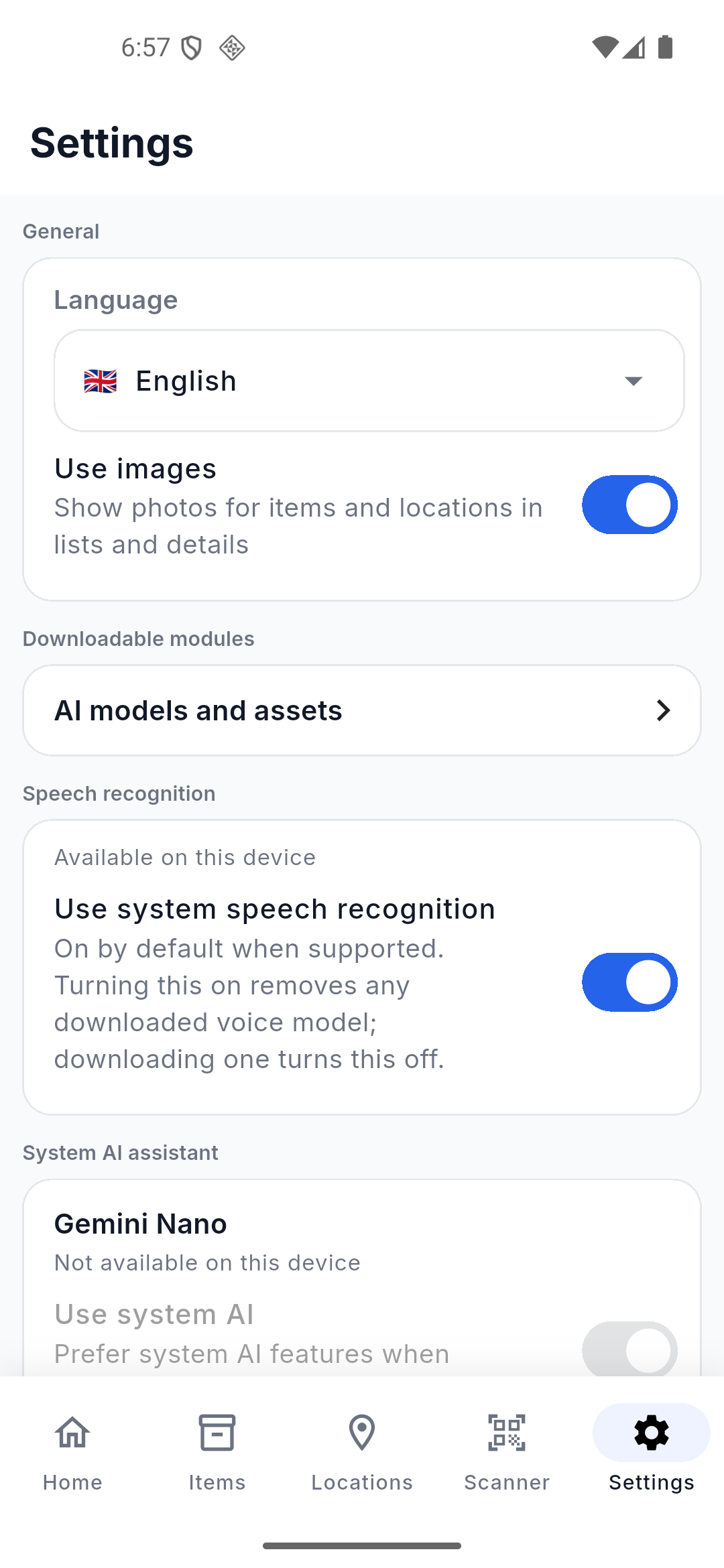App screenshot: settings